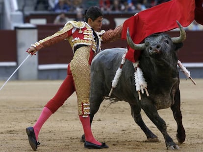 El mexicano Diego Silveti, en su primer toro de la novena corrida de la feria de San Isidro, hoy s&aacute;bado en Las Ventas.