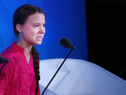 Greta Thunberg conteniendo las lágrimas al hablar en la Cumbre de Acción Climática 2019 que se celebró antes del debate general en la Asamblea General de las Naciones Unidas. Fue el 23 de septiembre de 2019 en Nueva York.