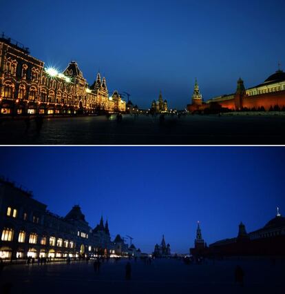 Los almacenes GUM, la Catedral de San Basilio y la torre Spasskaya del Kremlin en la Plaza Roja de Moscú.