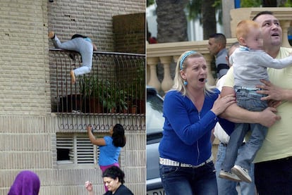 Una mujer salta por el balcón de una vivienda y una pareja corre despavorida con un niño en brazos mientras observa los efectos del temblor de tierra.