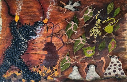 En esta pintura, Santiago Yahuarcani, artista de la etnia Huitoto representa la lucha de las plantas del bosque, y los animales contra las enfermedades.  (personaje grande negro). EL vínculo con la naturaleza es muy importante dentro de la cultura ancestral Huitoto.