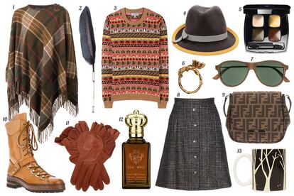 1. Ralph Lauren Blue Label Poncho con print de cuadros y flecos. 2. Ann Demeulemeester Broche con pluma. 3. Mulberry Jersey estampado con cuello a la caja. 4. Hat Attack Sombrero de fieltro bicolor. 5. Chanel Paleta de sombras de ojos “Les 4 ombres”. 6. Aurelie Bidermann Anillo con rosa. 7. Gucci Gafas de sol con montura forrada de piel. 8. Dolce & Gabbana Falda trapecio abotonada. 9. Fendi Bandolera con print de logos. 10. Santoni Bota con cordones y trabilla. 11. Antonio Murolo Guantes de piel con ribetes de volantes. 12. Clive Christian Perfume “C”. 13. Topshop Jarra con print de árboles.
	 