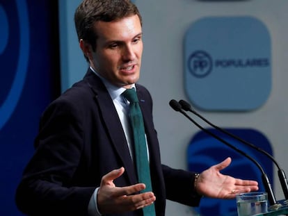 El presidente del PP, Pablo Casado, este lunes durante una rueda de prensa en la sede del partido en Madrid.