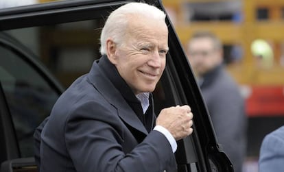 Joe Biden, na chegada a um evento público organizado por um sindicato em Dorchester (Massachusetts), em abril. No vídeo, Biden anuncia a candidatura.