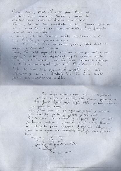 Diego’s letter to his parents.