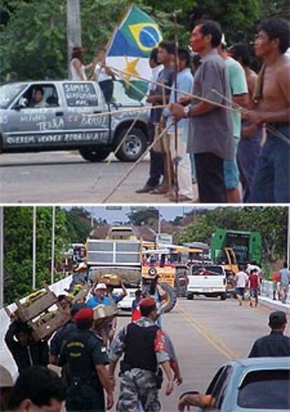 Arriba, manifestantes contra la reserva; abajo, bloqueo de calles.