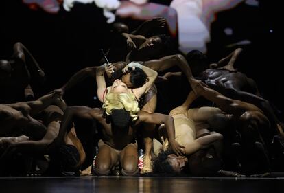 Madonna during one of her 'Celebration' tour concerts in London.
