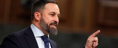 El presidente de Vox, Santiago Abascal, durante su intervención en el Congreso de los Diputados.