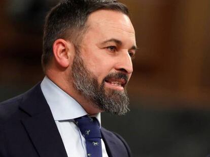 El presidente de Vox, Santiago Abascal, durante su intervención en el Congreso de los Diputados.