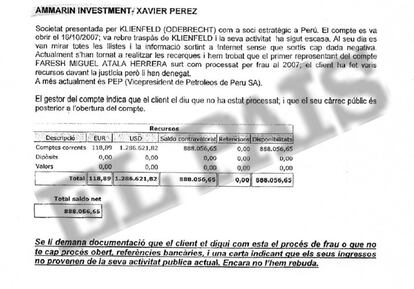 Ata interna do banco BPA que menciona a conta do ex-vice-presidente da Petroperú Miguel Atala Herrera.