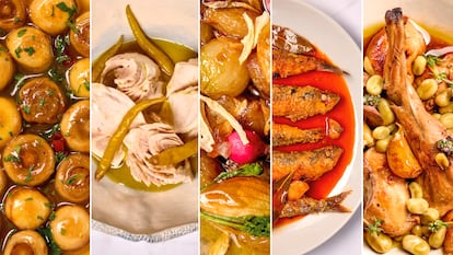 De izquierda a derecha, champiñones en escabeche de cítricos y hierbas frescas, bonito en escabeche con piparras, escabeche de ajos, cebollitas y nabos picantes, sardinas fritas en escabeche de pimentón y conejo al ajillo escabechado con habas. Imágenes cedidas por Planeta Gastro.