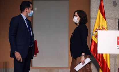 Aguado y Díaz Ayuso, el día 18 de septiembre en una comparecencia ante los medios en Madrid.