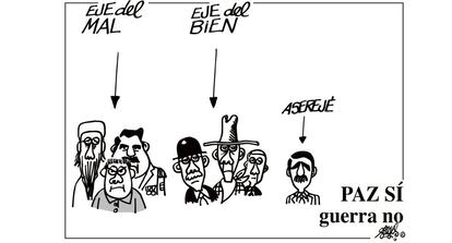 Política, cultura popular y sorna: el cóctel perfecto de Forges. En la viñeta, perteneciente a la última década del dibujante, una crítica al apoyo de José María Aznar, entonces presidente del Gobierno, a la guerra de Irak.