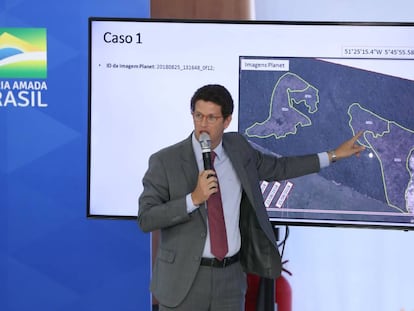 O ministro do Meio Ambiente, Ricardo Salles, durante coletiva de imprensa, sobre os dados do desmatamento divulgados pelo monitoramento ambiental do Inpe.