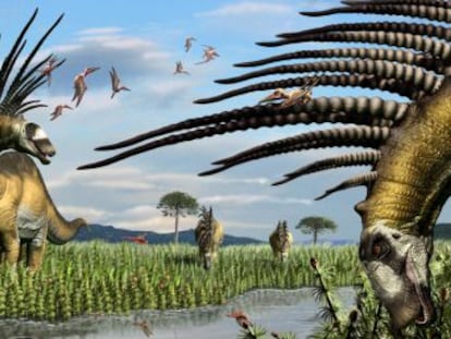 El  Bajadasaurus pronuspinax , hallado en el norte de la Patagonia argentina, era herbívoro y medía unos nueve metros