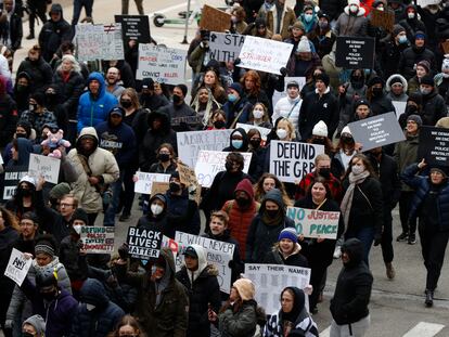 A crowd of over 300 people protest the killing of Patrick Lyoya in Grand Rapids, Michigan, on April 16, 2022.