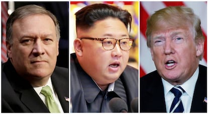 El director de la CIA, Mike Pompeo; el líder de Corea del Norte, Kim Jong-un, y el presidente de EEUU, Donald Trump.