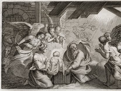 Ilustración de la Biblia Royaumont (1811) correspondiente a la Navidad, en el Nuevo Testamento.