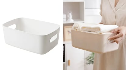 Una persona porta una caja de grandes dimensiones para guardar todo tipo de objetos de baño.