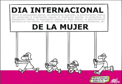 Viñeta del pasado 8 de marzo, Día Internacional de la Mujer, que Forges conmemora cada año. Abajo a la derecha, el recordatorio que el autor mantiene hacia las víctimas del terremoto de 2010 en Haití.