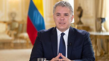 O presidente colombiano, Iván Duque, durante um pronunciamento no Palácio de Nariño em Bogotá.