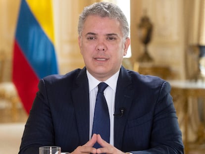 O presidente colombiano, Iván Duque, durante um pronunciamento no Palácio de Nariño em Bogotá.