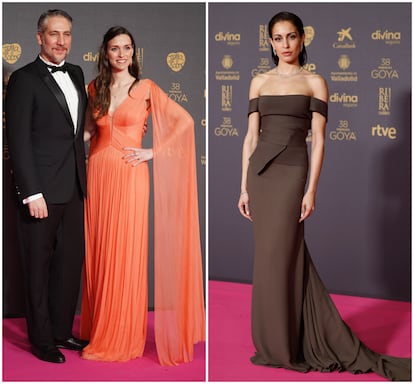 El actor Alberto Ammann, acompañado de su pareja Clara Méndez-Leite, y la actriz Hiba Abouk, en los Premios Goya 2024.