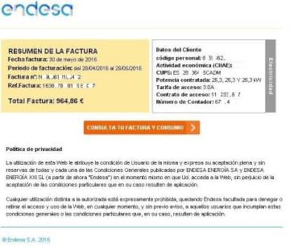 Factura falsa por un valor de 964,86€ que suplantaba a Endesa y al descargarla instalaba un 'malware' que secuestraba los datos del usuario.