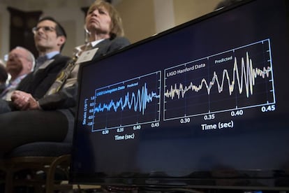 Imagen del anuncio del descubrimiento de las ondas gravitacionales.