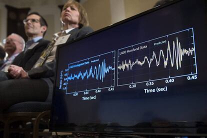 Imagen del anuncio del descubrimiento de las ondas gravitacionales.