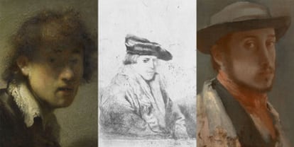 Autorretrato de Rembrandt, de 1628-1629; copia hecha por Degas en 1857 de un retrato realizado por Rembrandt dos siglos antes; autorretrato de Degas, de 1855.