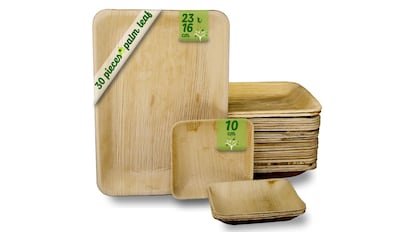 25 bandejas desechables y rectangulares (23 x 16 cm) con 5 platos cuadrados (10 cm). Diseño similar a la madera.