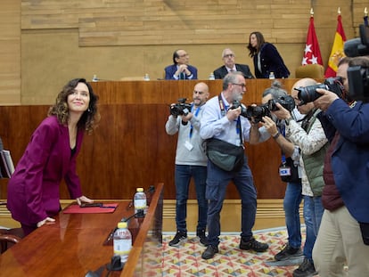 Isabel Díaz Ayuso, durante el pleno en la Asamblea de Madrid, este jueves.