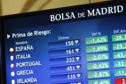 Monitor en la bolsa de Madrid que muestra, entre otras, la prima de riesgo de España. EFE/Archivo