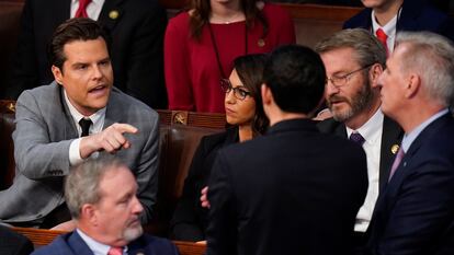 FILE - Rep. Matt Gaetz, R-Fla., left, talks to Rep. Kevin McCarthy, R-Calif., right, in the House chamber as the House meets for the fourth day to elect a speaker and convene the 118th Congress in Washington on Jan. 6, 2023.