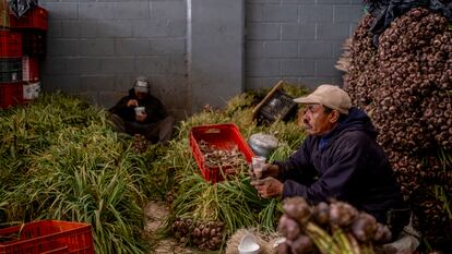 Dos trabajadores en una central de abastos en Boyacá, Colombia, el 21 de diciembre de 2023.