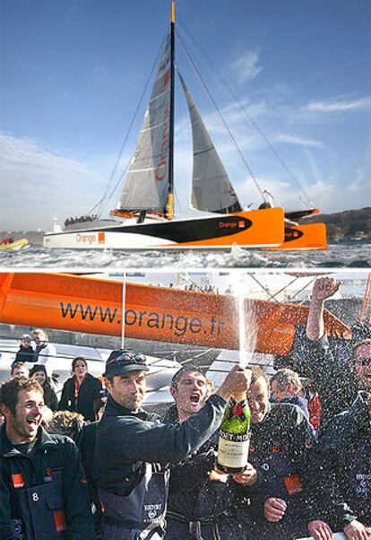 El <i>Orange II</i> llega al puerto francés de Brest el 16 de marzo tras haber batido unas horas antes, a la altura de la isla de Ouessant, el récord de la vuelta al mundo.