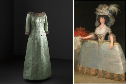 La realeza y su indumentaria es otra de las inspiraciones reflejadas en la exposición: La reina María Luisa con tontillo, pintado hacia 1789 por Francisco de Goya y conservado en el Museo Nacional del Prado, Madrid encuentra su paralelismo en este vestido de noche de satén con perlas y abalorios de 1963 Satén del Museo Cristóbal Balenciaga.