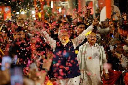 Narendra Modi, durante la celebración de sus resultados electorales, el martes en Nueva Delhi.