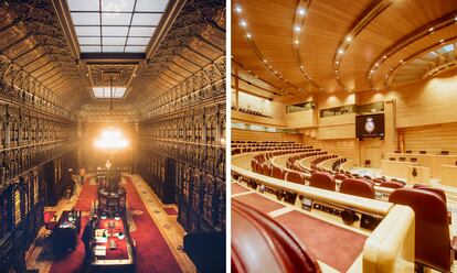 A la izquierda, la biblioteca del Senado. A la derecha, el nuevo hemiciclo de la Cámara.