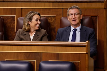 Los dirigentes populares Alberto Núñez Feijóo y Cuca Gamarra, en el Congreso este octubre.