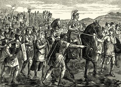 Grabado de Júlio César cruzando el Rubicón.