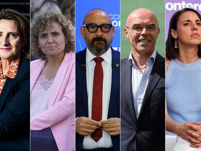 De izquierda a derecha, Teresa Ribera (PSOE), Dolors Monserrat (PP), Jordi Cañas (Ciudadanos), Jorge Buxadé (Vox), Irene Montero (Podemos) y Estrella Galán (Sumar).