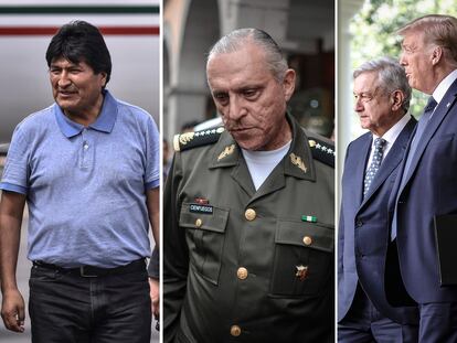 El expresidente de Bolivia Evo Morales, el general Salvador Cienfuegos y el presidente de México, Andrés Manuel López Obrador, junto al entonces mandatario de Estados Unidos, Donald Trump.