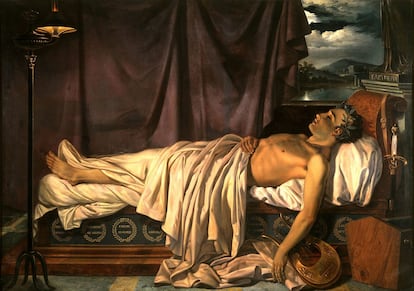 'Lord Byron en su lecho de muerte' (1826), obra del artista Joseph Dionysius Odevaere conservada en Groeningemuseum de Brujas en Bélgica.