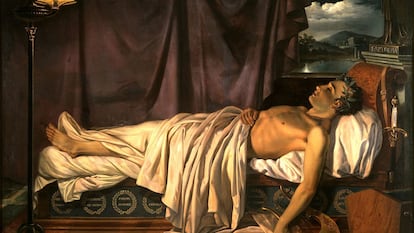 'Lord Byron en su lecho de muerte' (1826), obra del artista Joseph Dionysius Odevaere conservada en Groeningemuseum de Brujas en Bélgica.