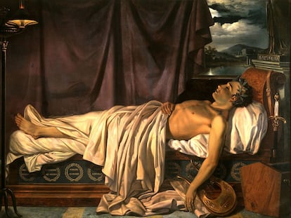 'Lord Byron en su lecho de muerte' (1826), obra del artista Joseph Dionysius Odevaere conservada en Groeningemuseum de Brujas en Bélgica.