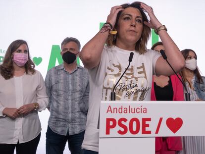 Susana Díaz en la sede del PSOE-Andalucía tras conocer los resultados de las primarias.