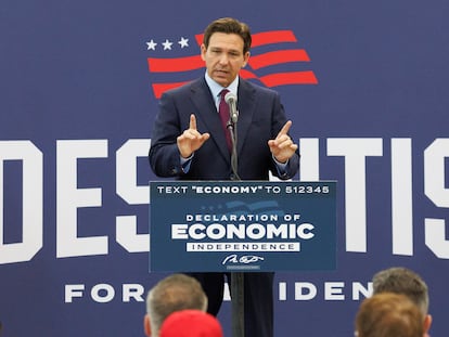 Republican candidate for President, Florida Governor Ron DeSantis delivers a speech at the package and delivery corporation, Prep Partners Group, in Rochester, New Hampshire, USA, 31 July 2023.