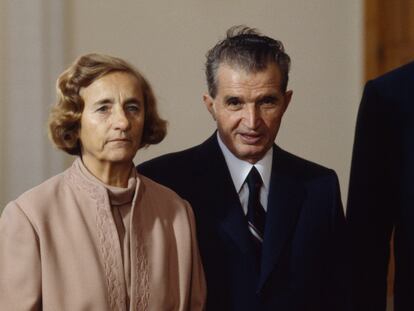 Romanian President Nicolae Ceausescu and his wife, Elena, on an official trip.